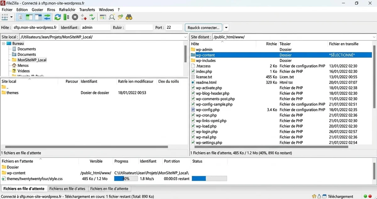 Interface du logiciel FileZilla pour télécharger les fichiers d'un site WordPress via FTP