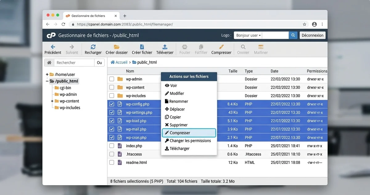 Gestionnaire de fichiers cPanel pour créer une archive ZIP des fichiers WordPress