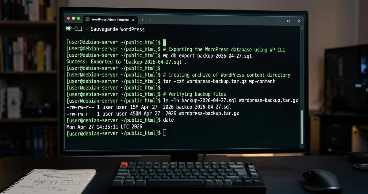 Terminal SSH avec commandes WP-CLI pour sauvegarder un site WordPress sans plugin payant