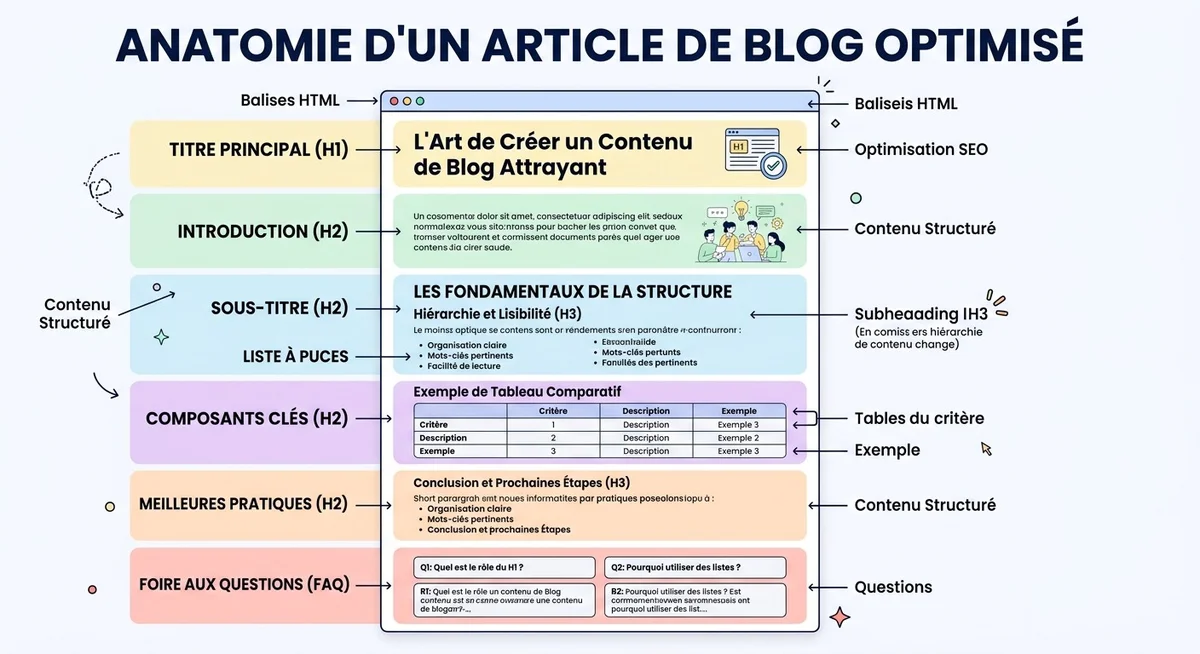 Schéma de la structure HTML d'un article de blog optimisé SEO et GEO avec balises Hn et FAQ