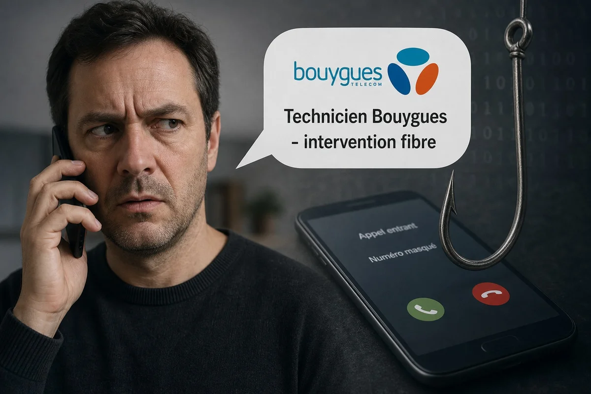 Illustration d'une arnaque par faux technicien fibre utilisant les données volées lors de la fuite Bouygues Telecom