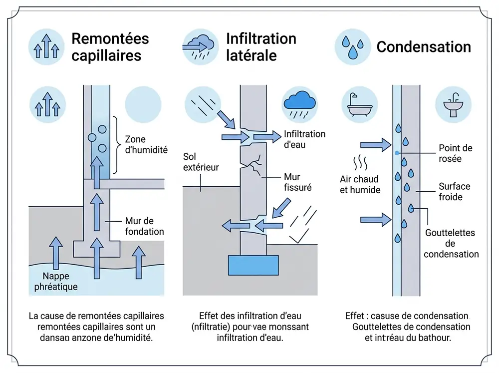 Infographie des trois causes principales d'humidité sur un mur mitoyen : remontées capillaires, infiltrations et condensation
