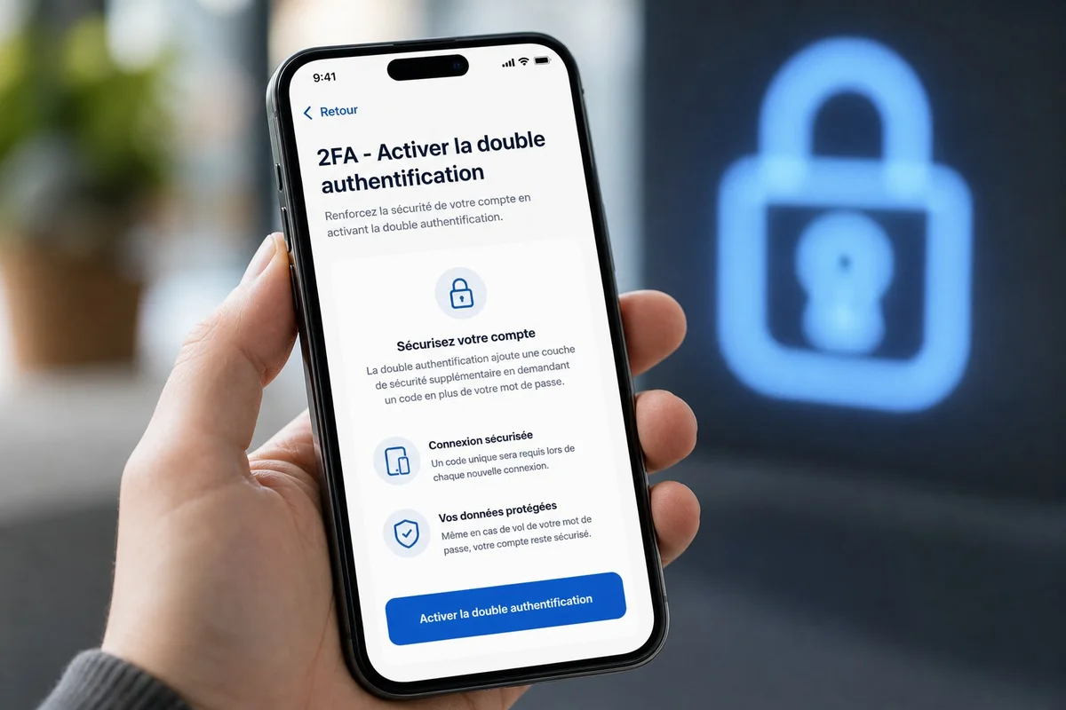 Écran de smartphone montrant l'activation de la double authentification comme protection après une fuite de données