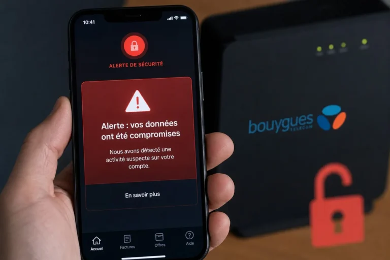 Smartphone affichant une alerte de fuite de données Bouygues Telecom avec un cadenas ouvert en arrière-plan