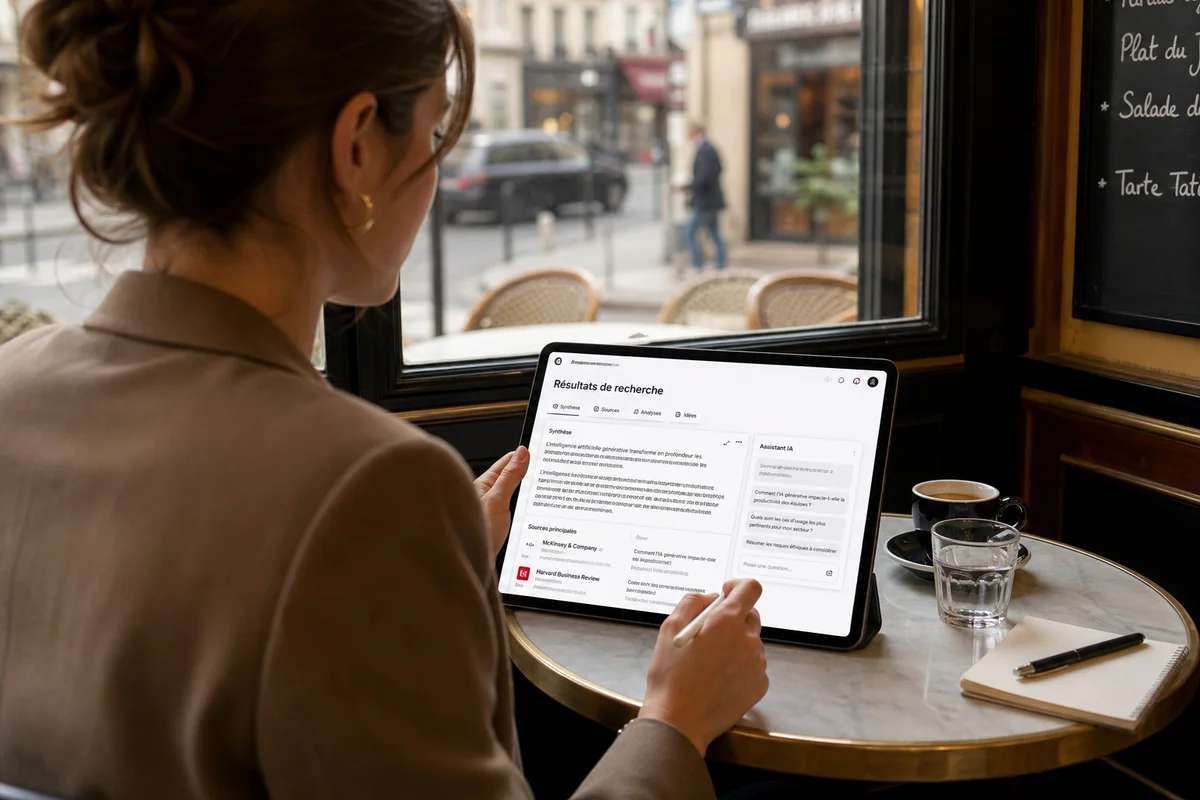 Professionnelle française utilisant une IA sur tablette pour de la veille sectorielle dans un café