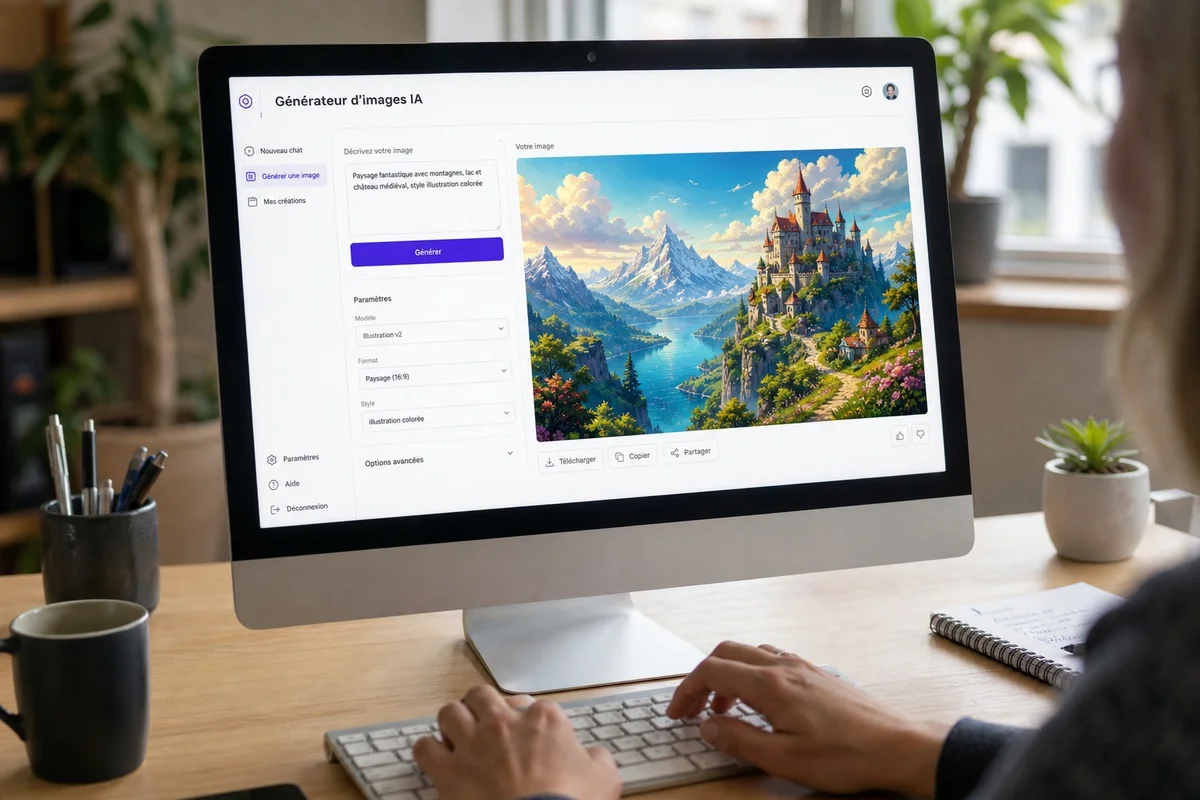 Interface de génération d'images par IA sur écran d'ordinateur avec résultat visuel coloré