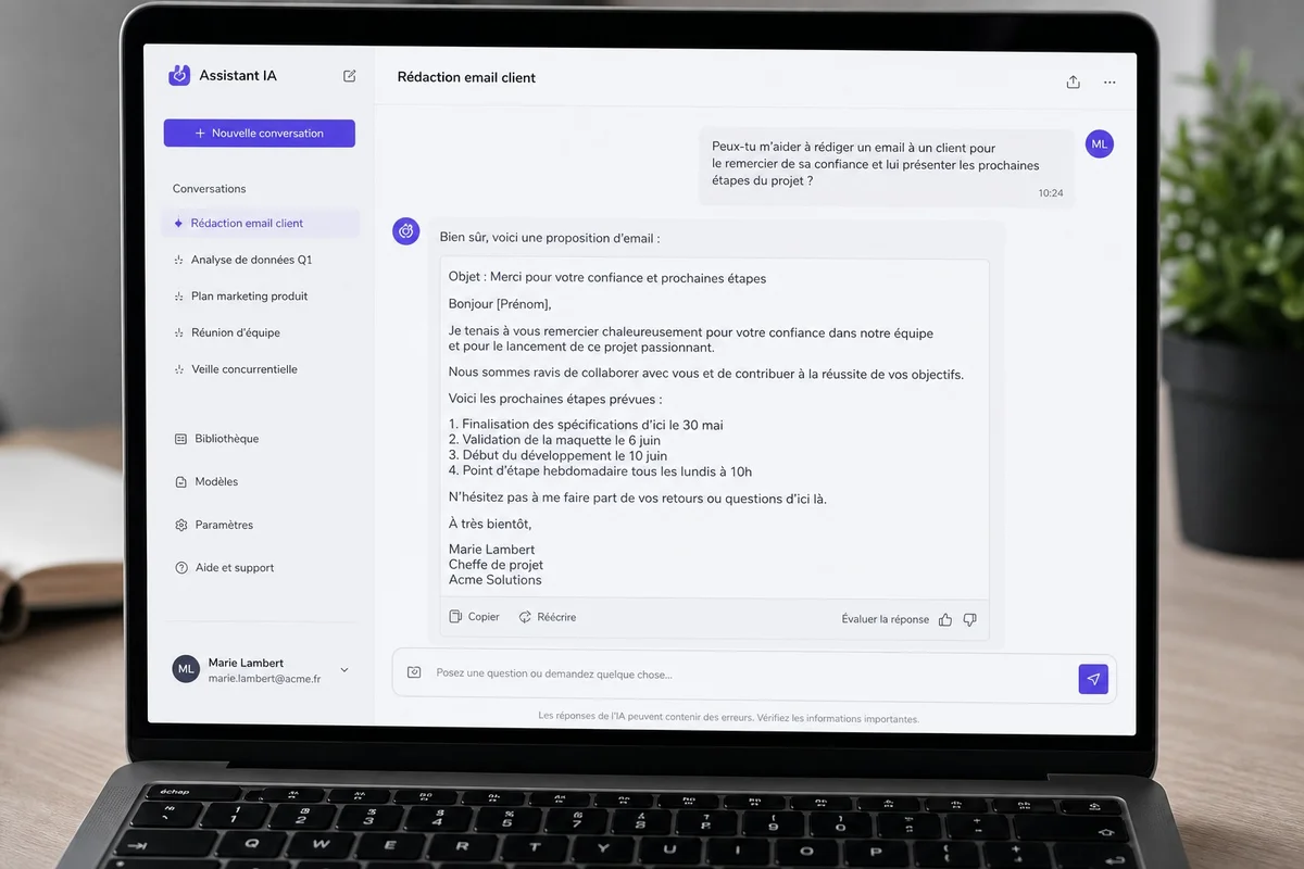 Écran d'ordinateur montrant une interface IA pour rédiger un email professionnel en français