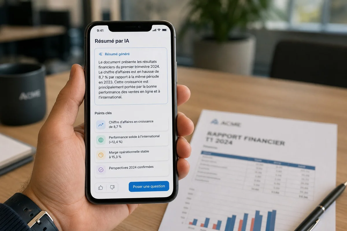 Main tenant un smartphone avec une interface IA affichant le résumé d'un long rapport PDF