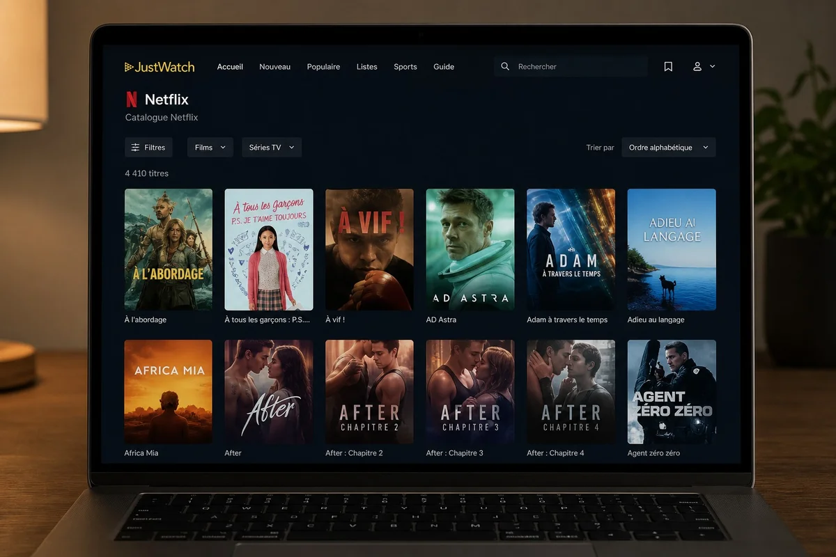 JustWatch pour retrouver le catalogue Netflix trié par ordre alphabétique Interface du site JustWatch sur ordinateur affichant des films Netflix filtrés et triés par ordre alphabétique