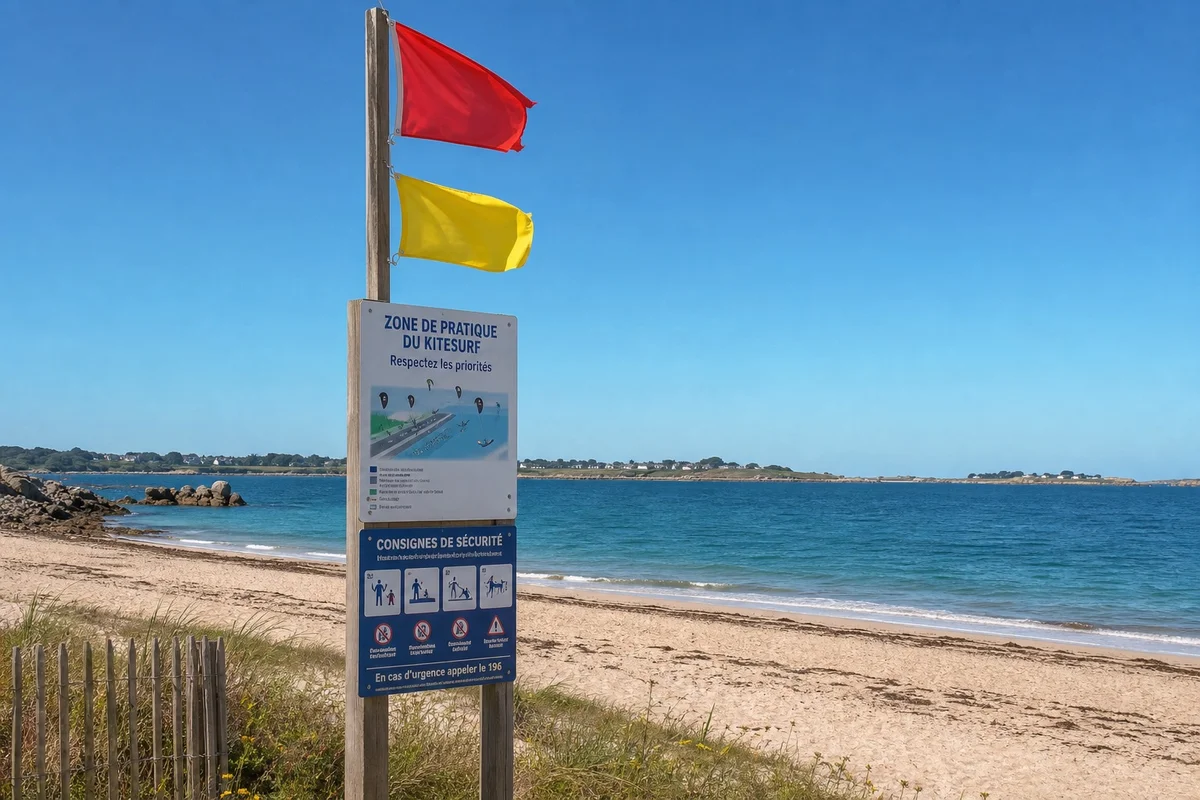 Panneau de signalisation indiquant une zone de kitesurf réglementée sur une plage de France