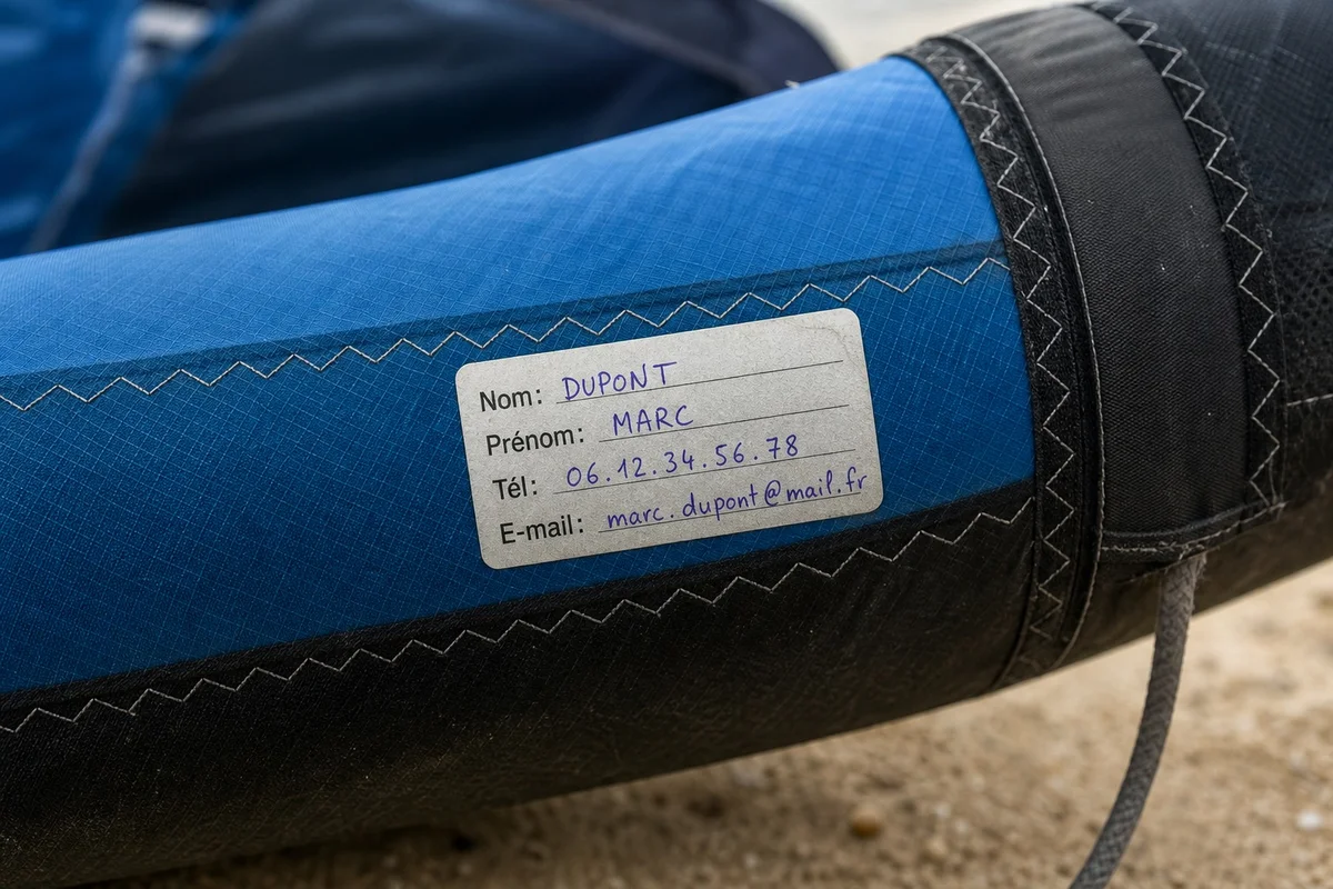 Gros plan sur l'étiquette de marquage obligatoire apposée sur une aile de kitesurf