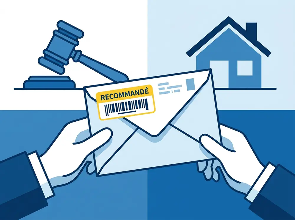 Illustration d'une lettre recommandée et d'un marteau de justice pour un litige de mur mitoyen