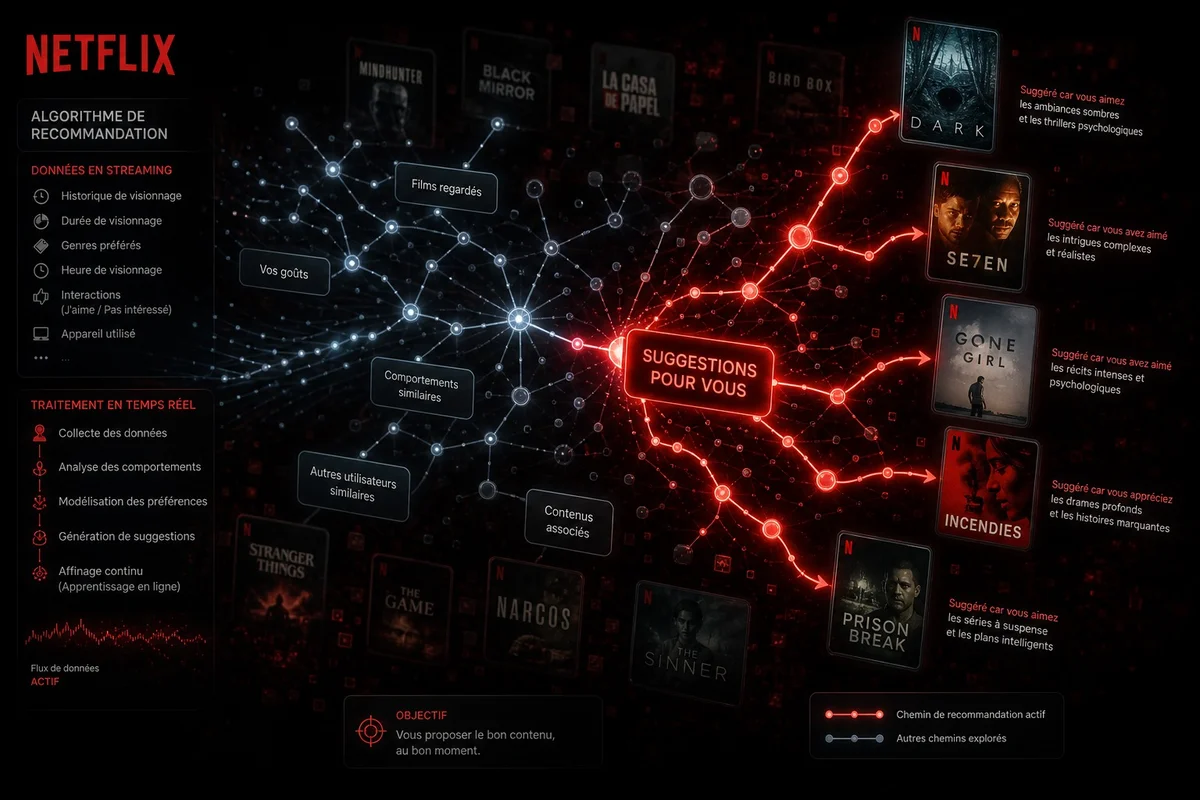 Stratégie algorithmique de Netflix pour maximiser l'engagement des abonnés Illustration abstraite montrant un algorithme Netflix guidant les choix de contenu à travers des recommandations automatisées