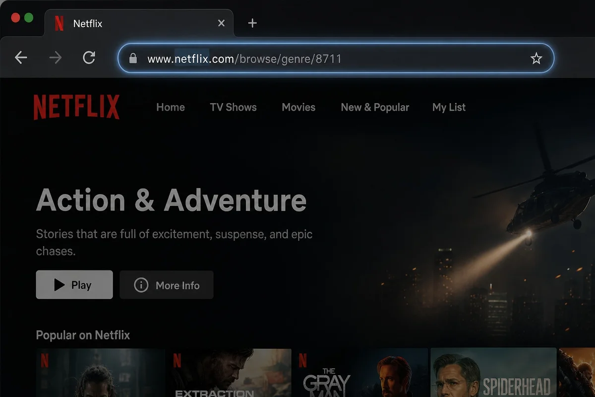 Codes secrets Netflix pour accéder aux catégories cachées via URL Barre d'adresse de navigateur avec une URL Netflix type netflix.com/browse/genre suivi d'un code numérique