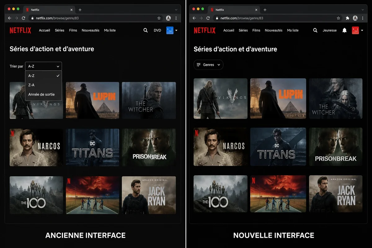 Disparition du menu déroulant de tri sur Netflix web Comparaison avant-après de l'interface Netflix web montrant la présence puis l'absence du menu de tri