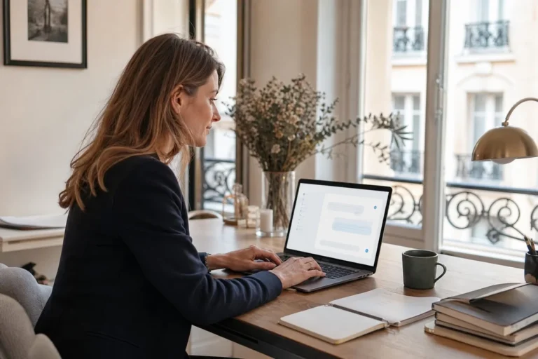 Personne utilisant une interface IA conversationnelle sur ordinateur portable dans un bureau français