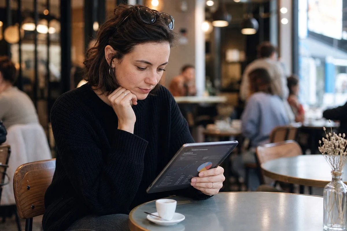 Newsletter et affiliation : monétiser son contenu en ligne en France Créateur de contenu français consultant ses statistiques de newsletter sur tablette