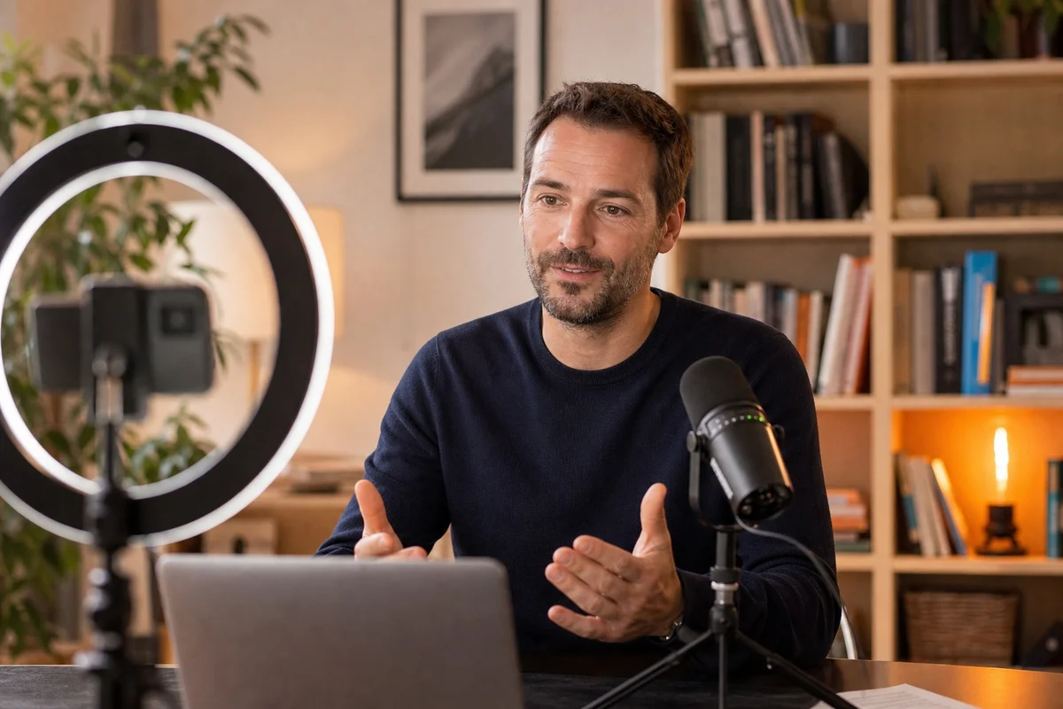 Formation en ligne et freelance : modèles rentables en France Formateur indépendant enregistrant une formation en ligne dans un home studio en France