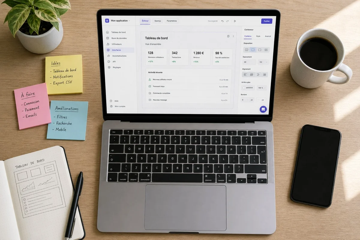 Micro-SaaS no-code : lancer un business en ligne sans coder Écran montrant une interface no-code type Bubble pour créer un micro-SaaS en France