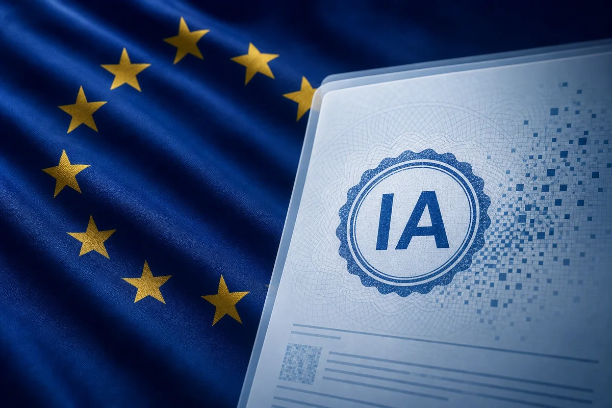 SynthID et l'AI Act européen : obligation de marquage des contenus IA en 2026 Drapeau européen et représentation numérique du marquage obligatoire des contenus IA selon l'AI Act