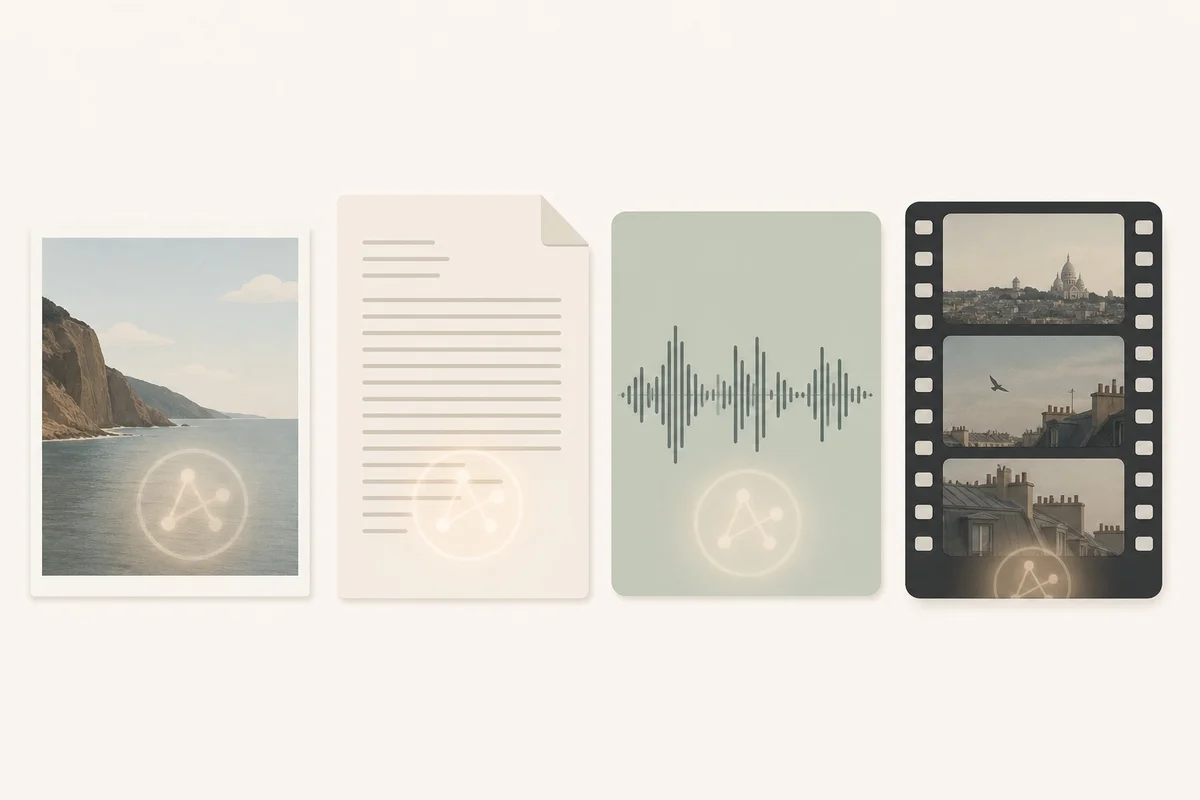 SynthID appliqué au texte, à l'audio et à la vidéo générés par IA Représentation des quatre types de contenus marqués par SynthID : images, texte, audio et vidéo