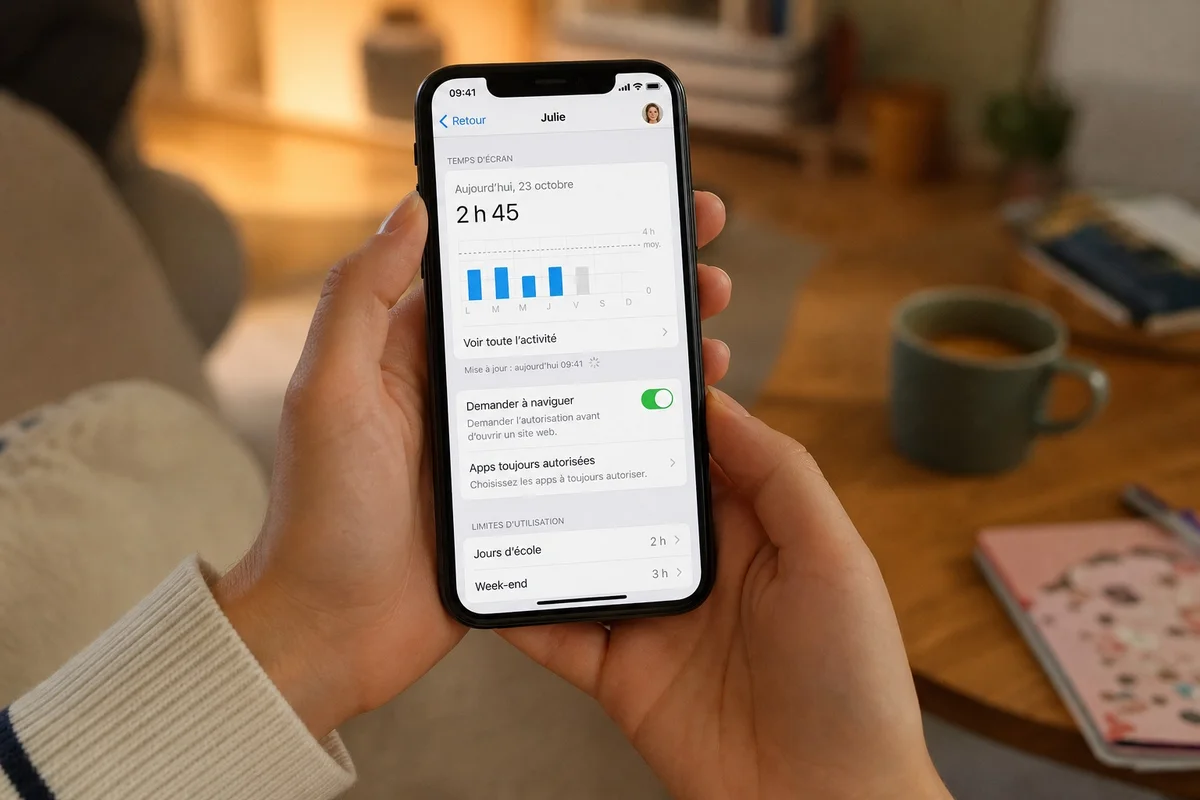 Contrôle parental renforcé sur iOS 27 parent consultant les nouveaux réglages de contrôle parental et temps d'écran sur iPhone avec iOS 27