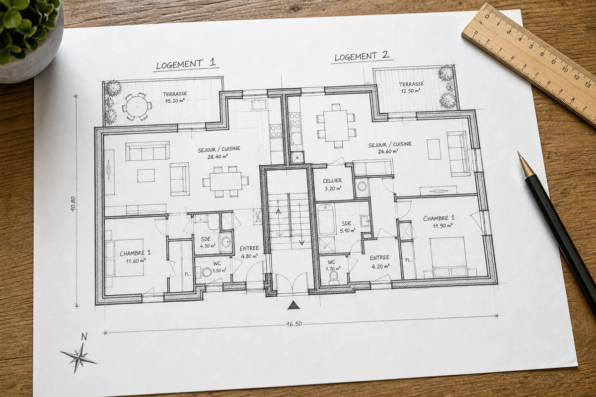 Plan d'architecte montrant la division d'une maison en deux logements séparés avec accès indépendant