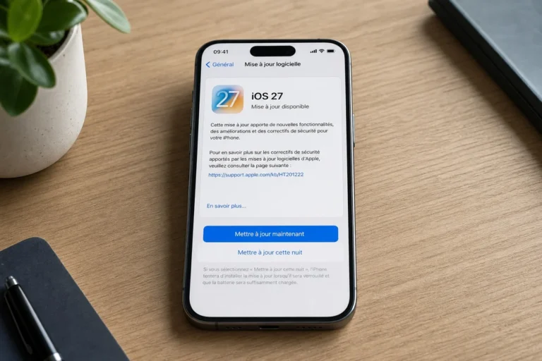iOS 27 : date de sortie, iPhone compatibles et nouveautés à connaître écran d'iPhone affichant le logo iOS 27 avec la date de sortie en français