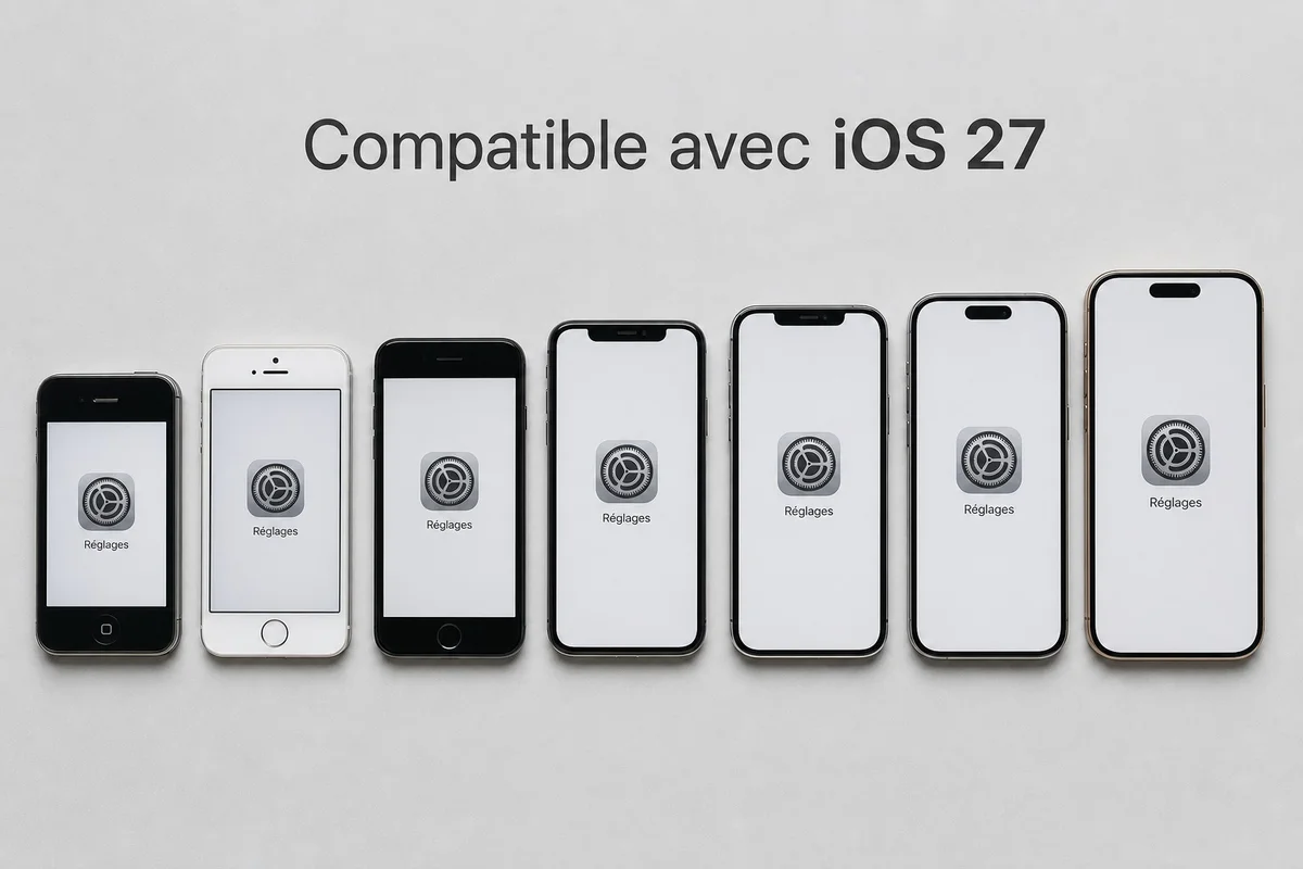 Liste des iPhone compatibles avec iOS 27 plusieurs modèles d'iPhone alignés représentant la compatibilité avec iOS 27