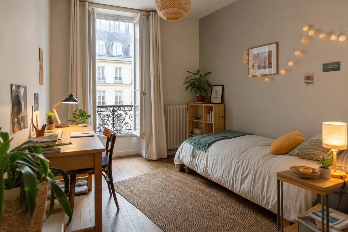 Chambre meublée et rangée prête à être louée dans une grande maison familiale