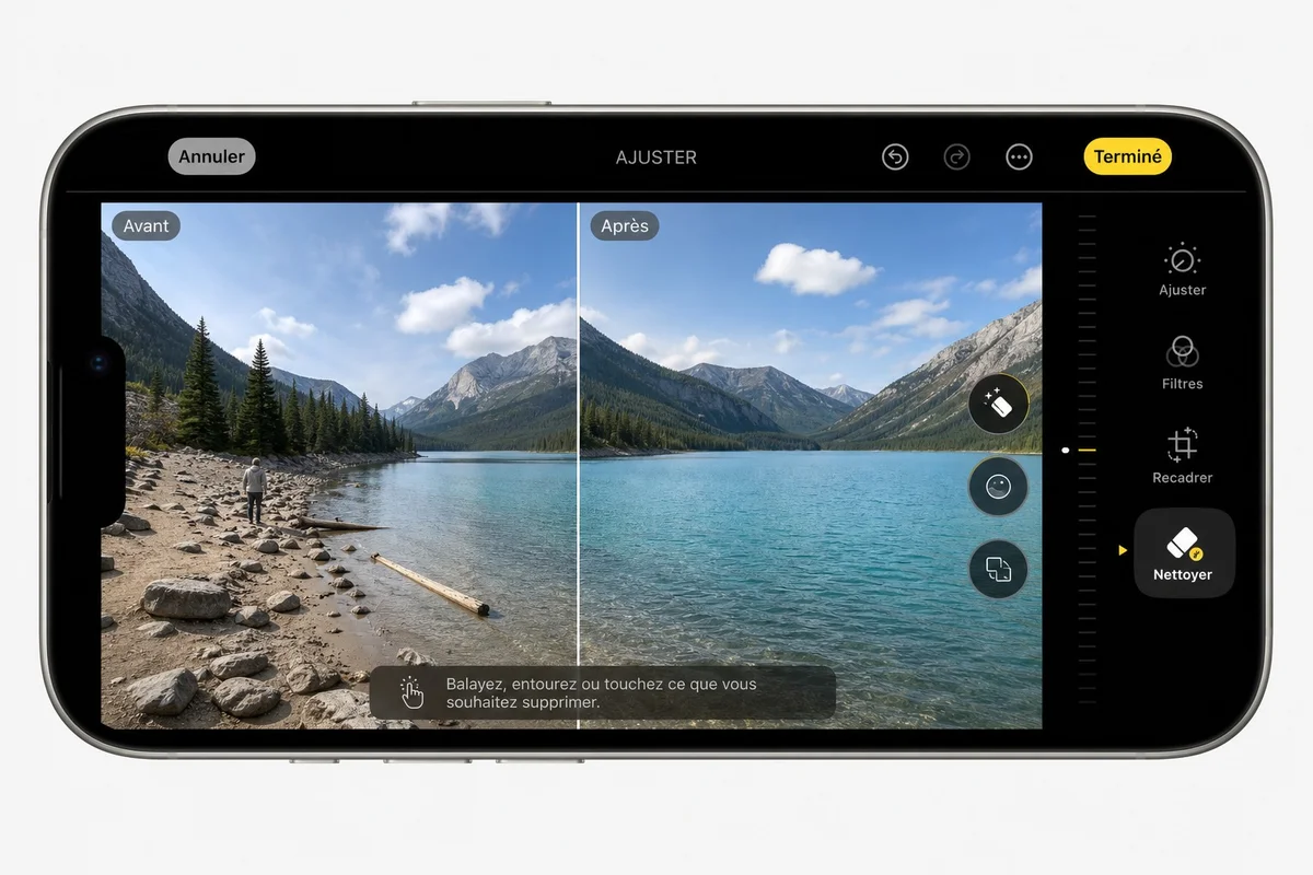 Nouveaux outils photo dans iOS 27 application Photos sur iPhone avec les outils de retouche IA Clean Up et Reframe d'iOS 27