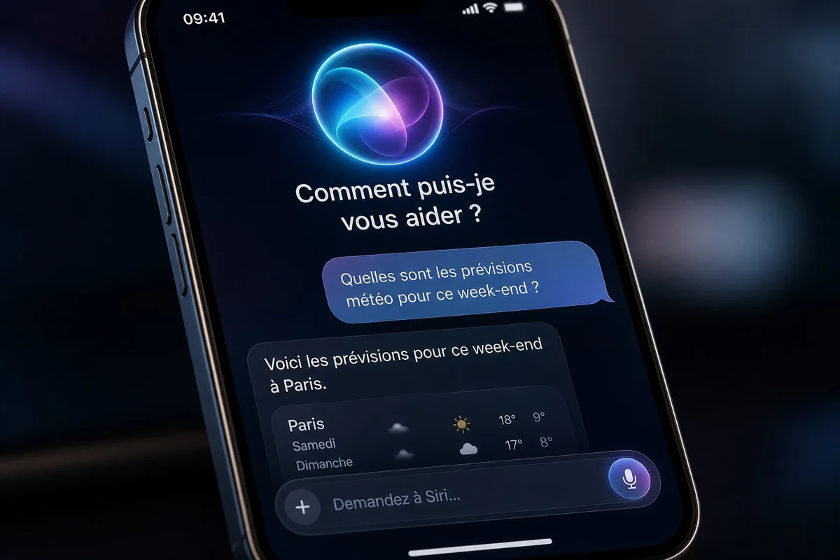 Siri AI, le nouvel assistant vocal d'iOS 27 interface Siri AI repensée sur iPhone avec iOS 27 affichant des bulles de conversation en français