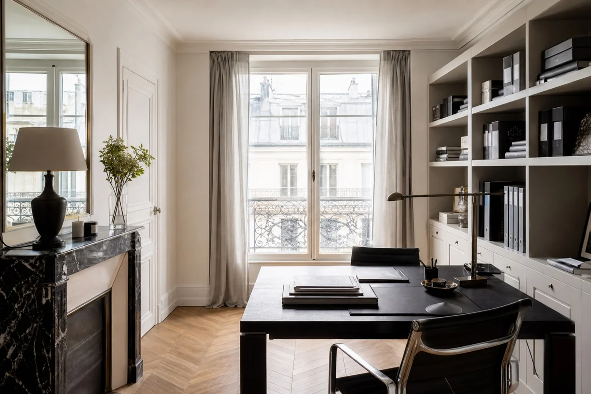 Ancienne chambre transformée en bureau professionnel avec espace de travail aménagé