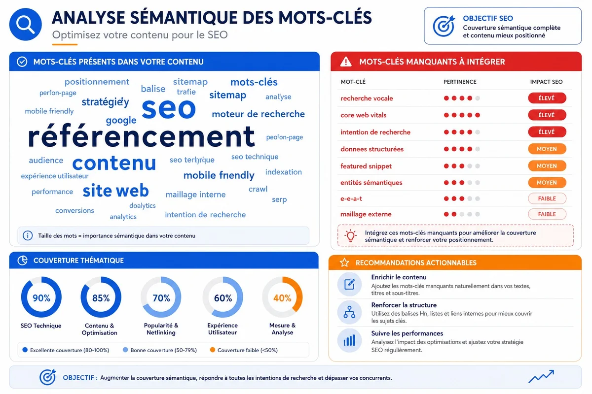 Graphique d'analyse sémantique montrant les mots-clés manquants dans un article SEO