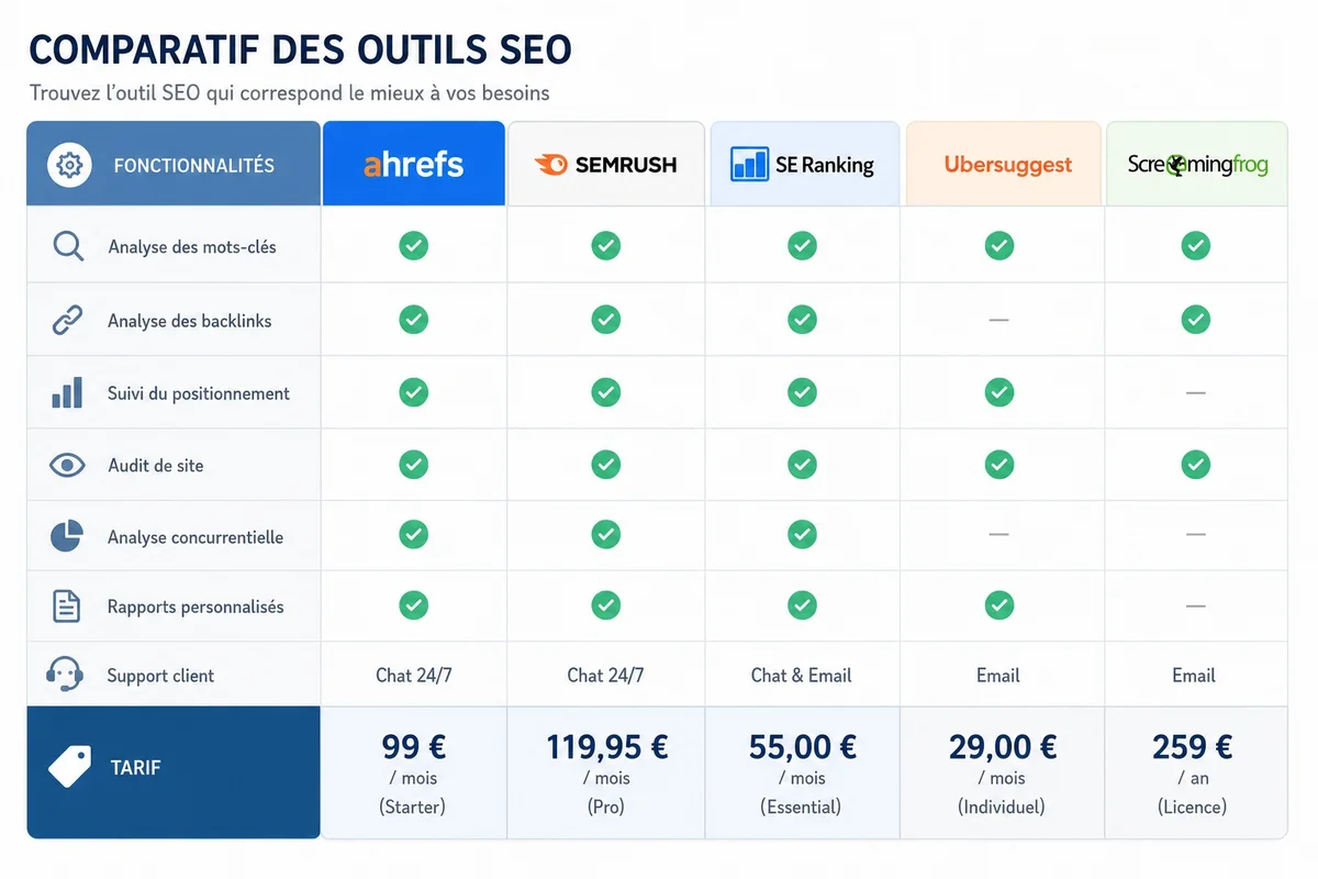 Tableau comparatif de plusieurs outils SEO avec fonctionnalités et tarifs en euros