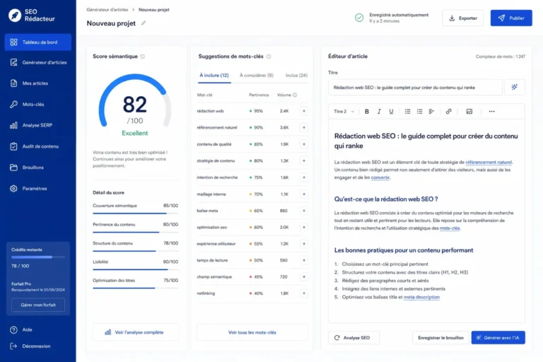 Tableau de bord d'un outil de génération de contenu SEO avec score sémantique en français