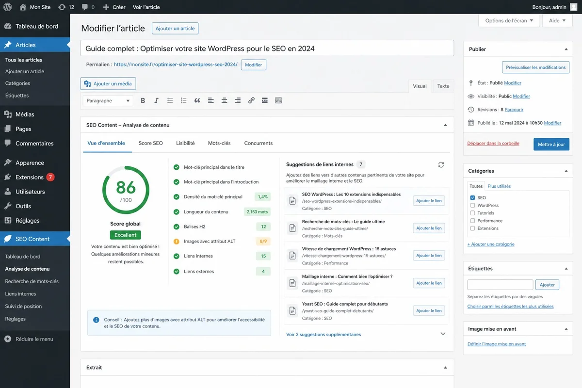 Interface d'un plugin WordPress dédié à la génération de contenu et au maillage interne