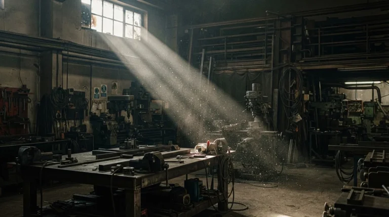 'atelier industriel, plan moyen montrant des particules de poussière en suspension visibles dans un rayon de lumière naturelle