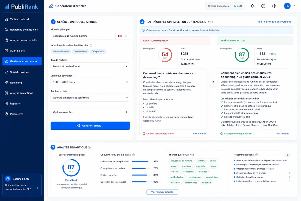 Interface de PubliRank affichant le générateur d'articles et le module de mise à jour de contenu