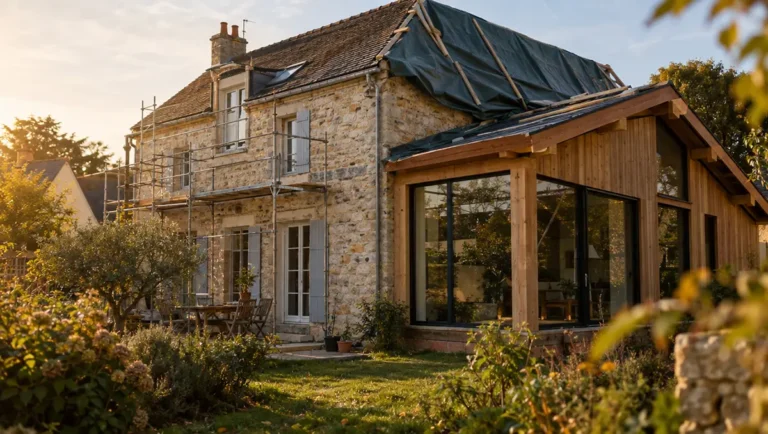 Travaux dans la maison : quels changements signaler à son assureur Maison en pierre avec une extension en ossature bois en construction et un échafaudage