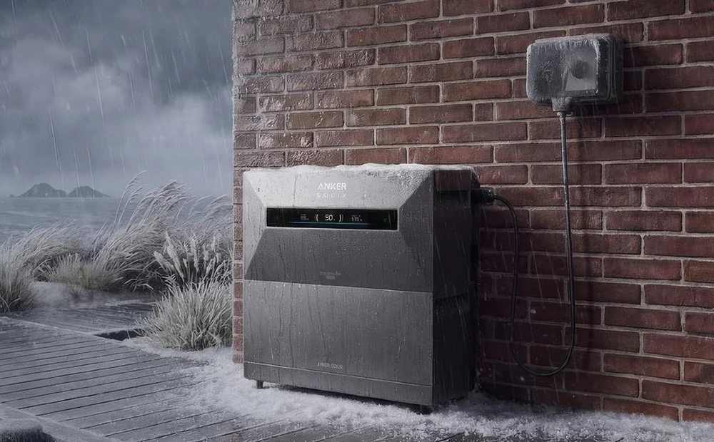 Alt : Unité de stockage solaire Anker SOLIX fixée contre un mur de briques sous la pluie et la neige, écran de contrôle allumé