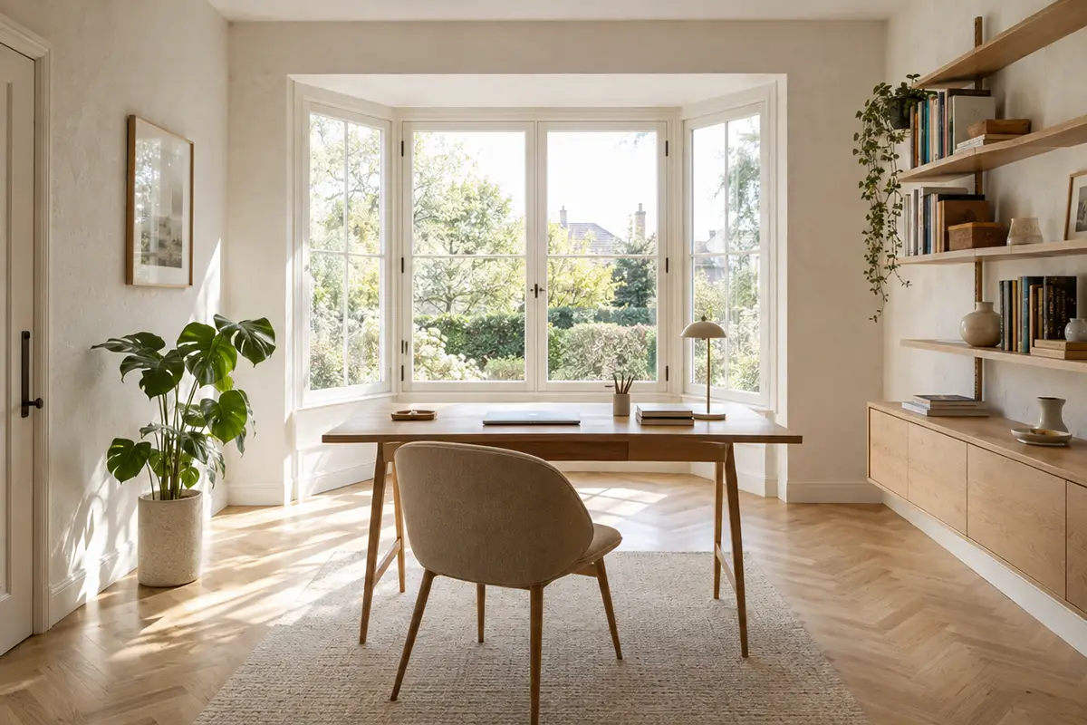 Ancien garage transformé en bureau avec une baie vitrée à la place de la porte