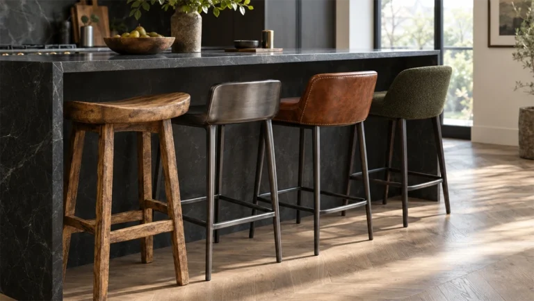 Alignement de quatre tabourets de bar en bois massif, métal brossé, cuir cognac et tissu bouclette vert devant un îlot en pierre noire