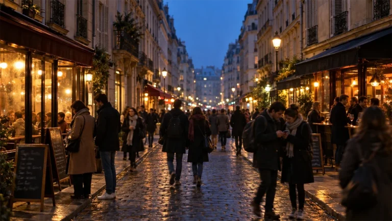 Rue pavée de Paris à la tombée de la nuit, bordée de cafés et de bars éclairés, avec des passants et des clients accoudés aux comptoirs en terrasse