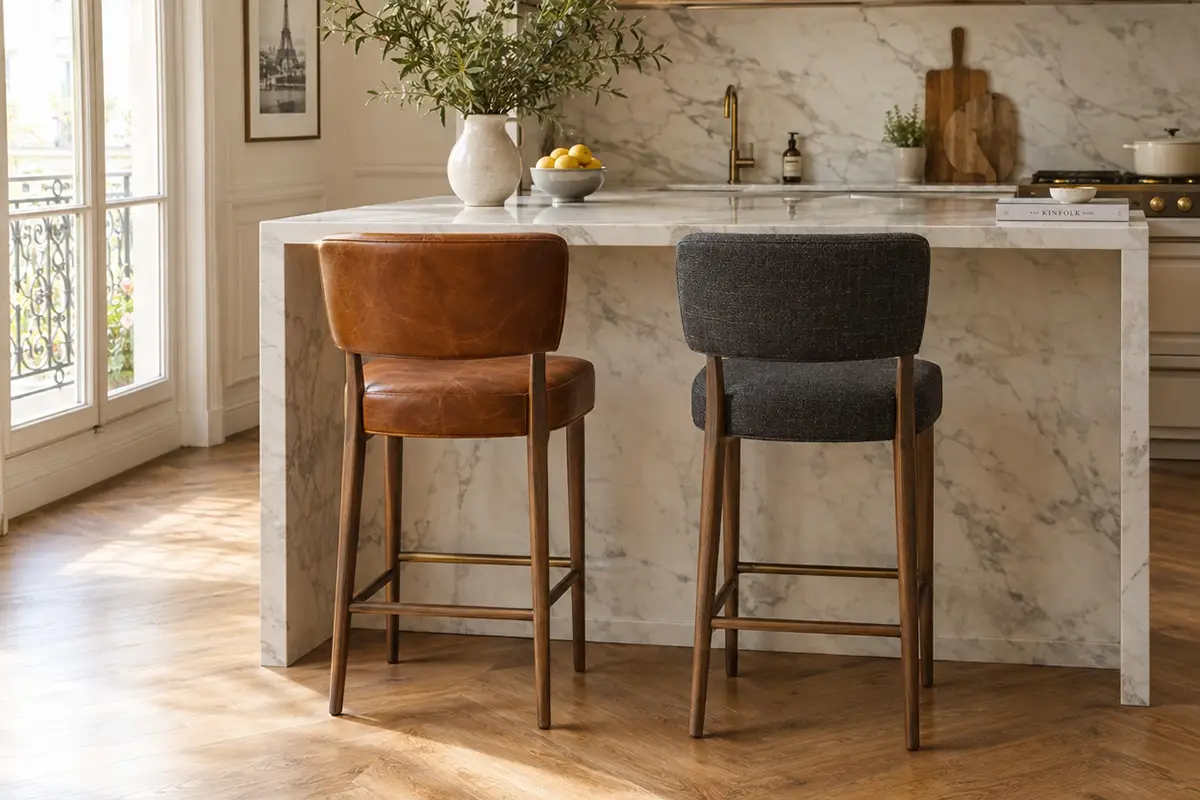 Deux tabourets de bar avec dossier devant un îlot en marbre blanc, l'un habillé de cuir cognac patiné et l'autre de tissu gris anthracite